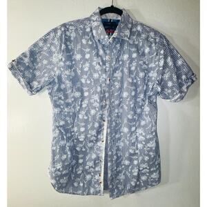 Billy London Slim Fit Mens L Blue White Floral Stripe Short Sleeve Button Shirt